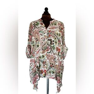 Grand & Greene Boho Paisley Tunic Blouse Roll Tab Sleeve Button Up Plus Size 1X